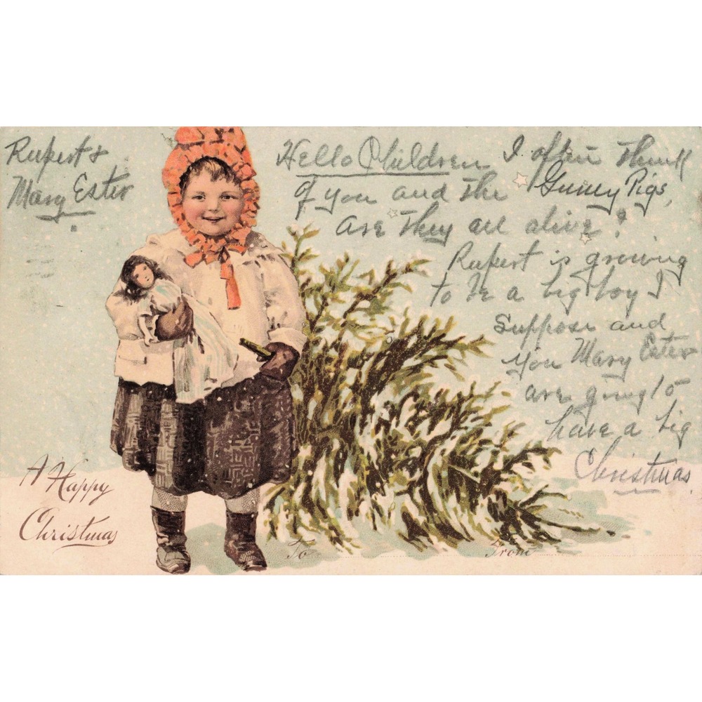 Vtg 1908 Christmas Postcard Little Girl with Doll & Tree A Happy Christmas - Picture 1 of 2